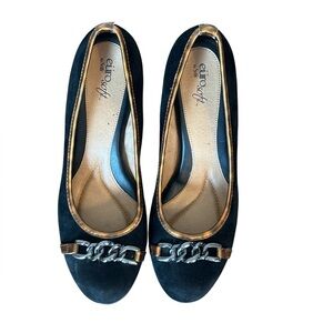 Sofft Eurosport Black suede heels with leopard trim and gun metal chain